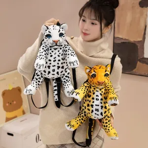 Mochila de leopardo de peluche realista para niñas, bolsa de peluche suave y esponjosa