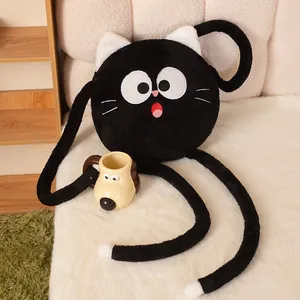 Cute funny round black cat plush pillow with long limbs for home sofa decoration