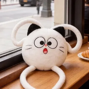 Whimsical white plush cat pillow with a surprised expression and long loop arms