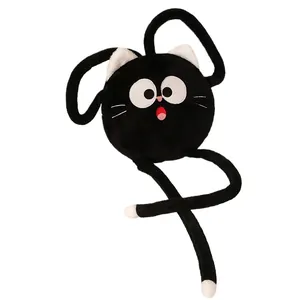 Quirky black cat plush pillow toy featuring long limbs and an expressive cartoon face.