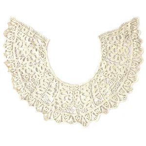 Detail of an ivory milk silk embroidered lace detachable collar with hollow floral patterns