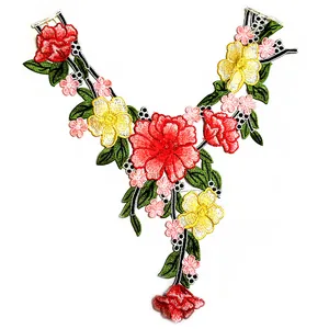 Intricate detail of colorful floral embroidery lace collar applique for ethnic style clothing