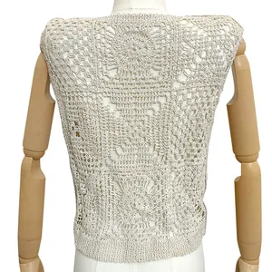 Detailed back view of a chic beige crochet knit vest featuring intricate floral lace motifs
