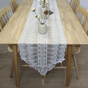 Runner da Tavolo in Pizzo Bianco Vintage Francese Ricamato Floreale Tessuto a Rete Nappina Decorazione Tavola per Matrimonio