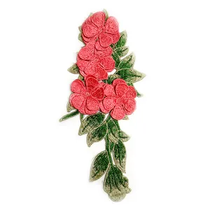 Detailed view of heavy-duty pink floral embroidery lace patch with 3D texture.