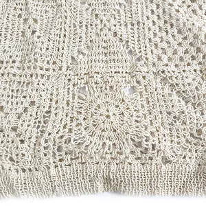 Macro detail of beige hollow out crochet knit fabric showing intricate floral pattern