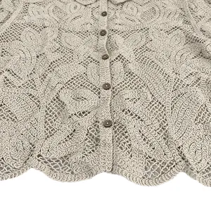 Close-up view of intricate beige crochet lace pattern and button detail on cardigan