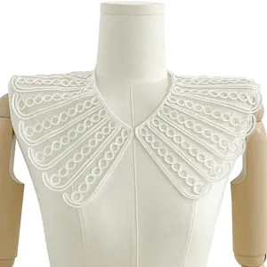 Close-up detail of white rope embroidered floral lace doll collar on a mannequin