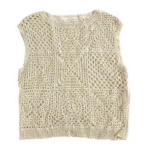 Elegant beige crochet knitted vest with intricate hollow-out floral patterns for summer layering