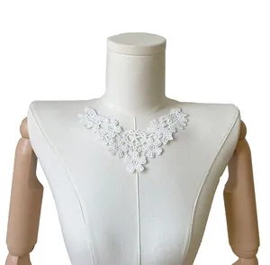 Detail view of white milk silk floral embroidered lace collar for DIY clothing.