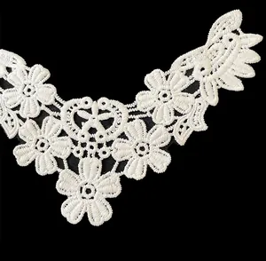 Detailed close-up view of white milk silk embroidered lace floral collar for DIY sewing