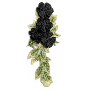 High detail close-up of a black 3D water-soluble embroidered floral patch for DIY crafts