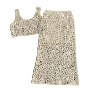 Women Cotton Crochet Top And Bottom Hollow Out Lace Embroidered Sleeveless Vest Midi Skirt Bohemian Vacation Style
