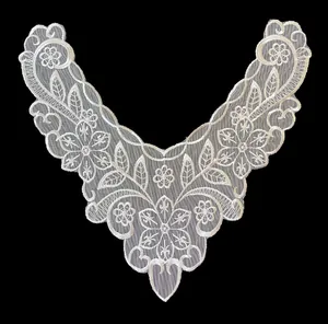 Detailed view of V-shaped white floral embroidered lace collar appliqué for DIY clothing