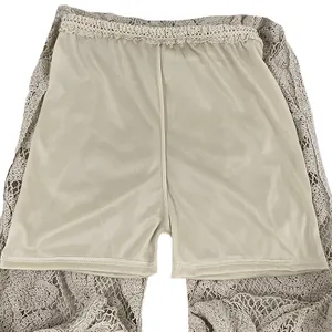 Close-up detail showing the smooth beige lining and intricate crochet lace of these pants