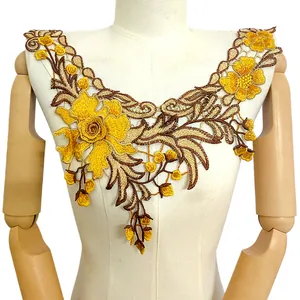 Detail of exquisite yellow floral embroidered lace collar patch for DIY sewing ethnic fashion.