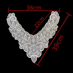 Detailed embroidered white lace false collar with floral pattern and dimensions in cm