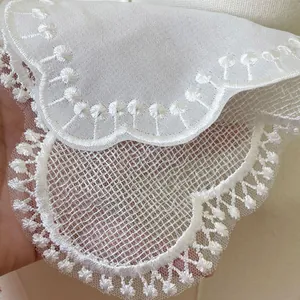 Detailed macro shot of white double-layered lace embroidered detachable collar fabric