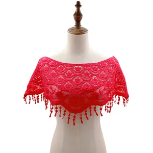 Capa Hanfu de encaje rojo bordado calado con delicados adornos de flecos de borlas rojos