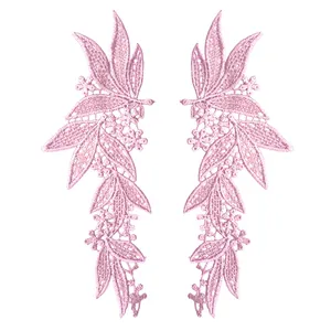 Pair of symmetrical pink floral lace embroidered patches for DIY clothing decoration