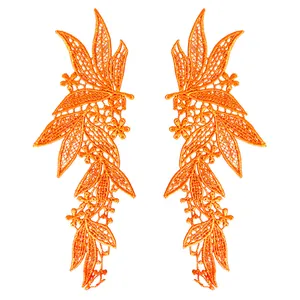 Pair of vibrant orange polyester lace floral embroidery patches for DIY garment décor