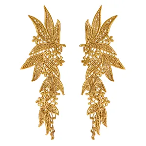Pair of golden polyester lace embroidery floral appliques for DIY clothing accessory decoration