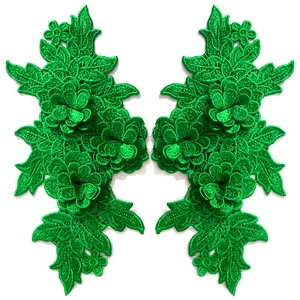 Leuchtend grüne 3D-Blumenstickerei-Spitzenpatches im Set mit symmetrischem Design