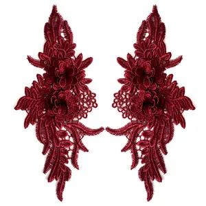 Detailed pair of burgundy floral lace embroidery appliques with 3D texture for DIY decor
