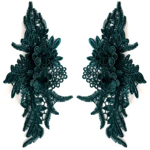 Detailed view of heavy embroidery dark green symmetrical lace flower patches for DIY clothing