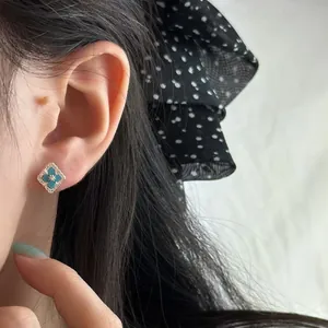 925 Sterling Silver Clover Stud Earrings For Women Zirconia Micro-Inlaid Agate Turquoise Geometric Rhombus Luxury Jewelry