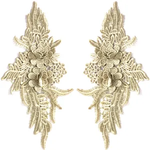 Elegant pair of gold 3D lace embroidery floral patches for DIY wedding dress appliques.