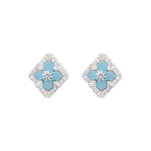 Elegant S925 silver rhombus stud earrings with blue turquoise four-leaf clover design