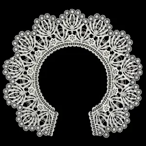 Detailed view of an intricate white milk silk embroidered lace detachable collar.