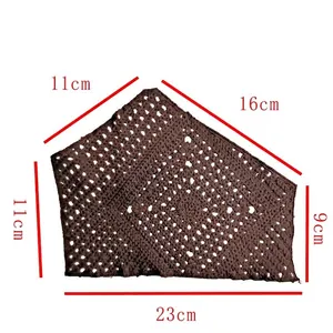 Detailed view of brown crochet triangle lace piece with specific dimensions shown