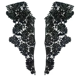 Detailed view of black milk silk embroidered hollowed out lace collar appliques.