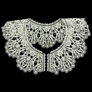 Macro view of the intricate hollowed embroidery on white milk silk lace detachable collar.