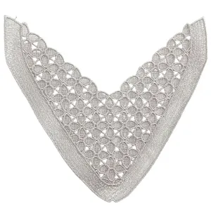 Detailed view of a silver V-shaped hollow lace applique with floral embroidery patterns.
