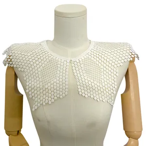 Intricate detail of white milk silk embroidery lace detachable collar with pearl button
