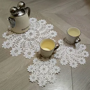 White hollow embroidery lace placemat and coaster set for elegant table decoration