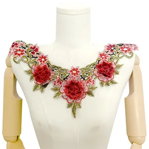 Intricate detailed embroidery lace collar patch with vibrant red floral ethnic style design
