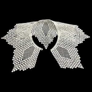 Detailed view of intricate white milk silk embroidered lace collar with pearl button