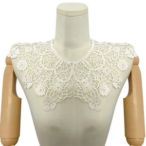 Intricate white embroidered milk silk lace collar with a delicate pearl button detail
