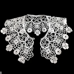 Intricate white milk silk embroidered lace collar with floral pattern and pearl button