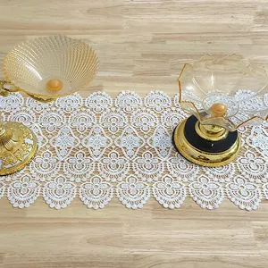 Elegant white lace table runner with 3D floral embroidery and hollow-out design