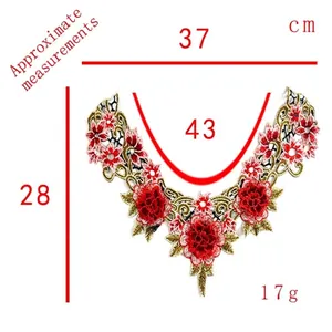 Detailed view of red floral lace collar applique with 37cm width measurement
