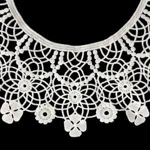 Macro view of white milk silk embroidered lace detachable collar with floral pattern