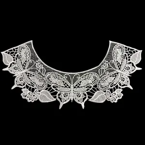 Detailed view of white embroidered butterfly lace collar with hollow out floral patterns