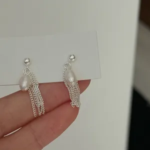 S925 Argent Sterling Naturelle Perle d'Eau Douce Gland Boucles d'Oreilles Pour Femmes Simple Doux Minimaliste Chaîne Boucles d'Oreilles Bijoux