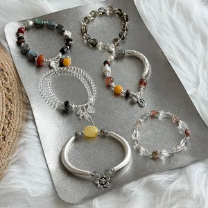 Pulsera de Cristal Natural Hecha a Mano para Mujer Pulsera de Cuentas de Plata de Ley 925 Joyería de Estilo Étnico Vintage Pulsera con Colgante de la Suerte