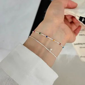 S925 Sterling Silver Crushed Silver Bracelet For Women Colorful Drip Oil Beads Double Layered Minimalist Handmade Jewelry